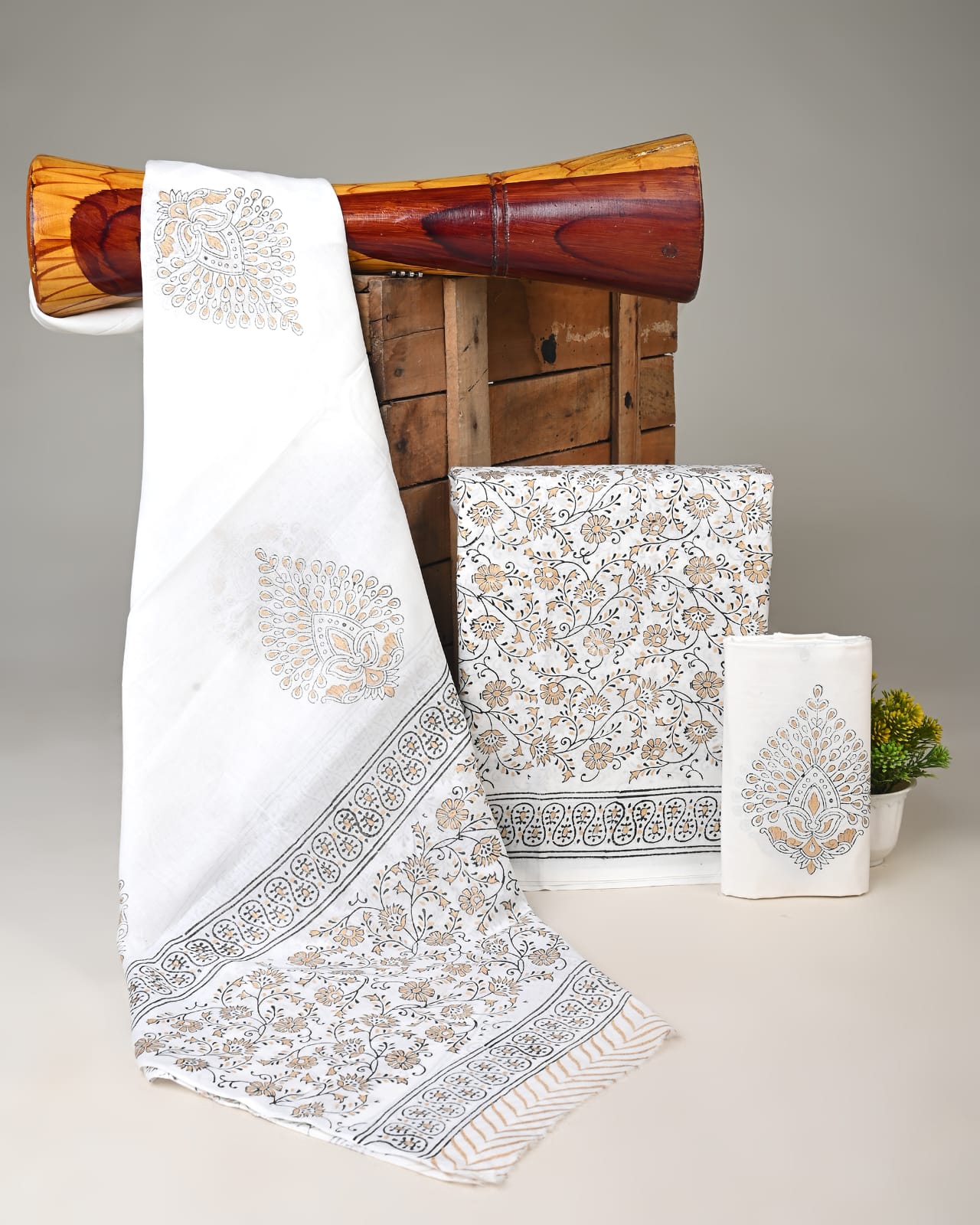 Pure cotton mulmul dress material wholesale in white gold, handblock printed dress material for boutique, designer & bulk buyers – Fabtexs